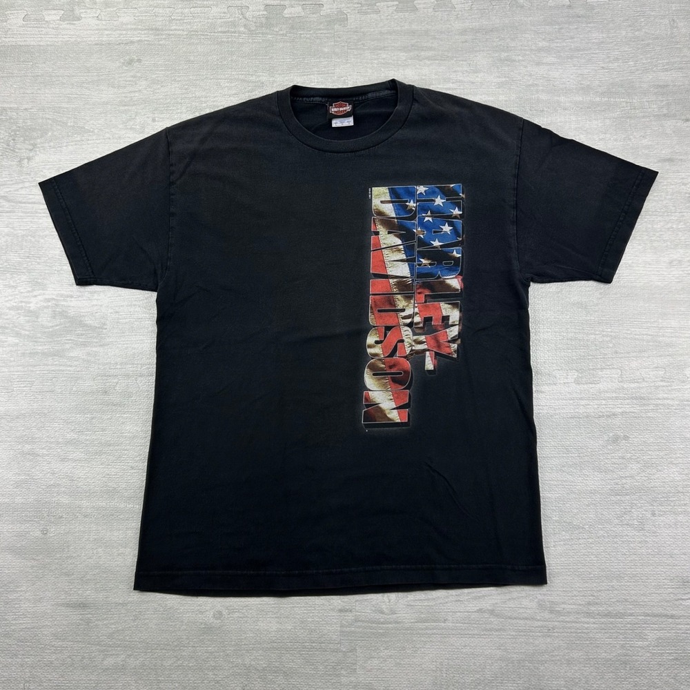 Vintage Harley Davidson‎ Shirt Size Large Black USA Flag Biker Texas Motorcycle